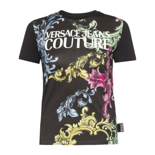 VERSACE JEANS/范思哲牛仔 女士黑色棉质经典字母徽标印花装饰圆领短袖上衣T恤 B2HUB7M3-30288-899