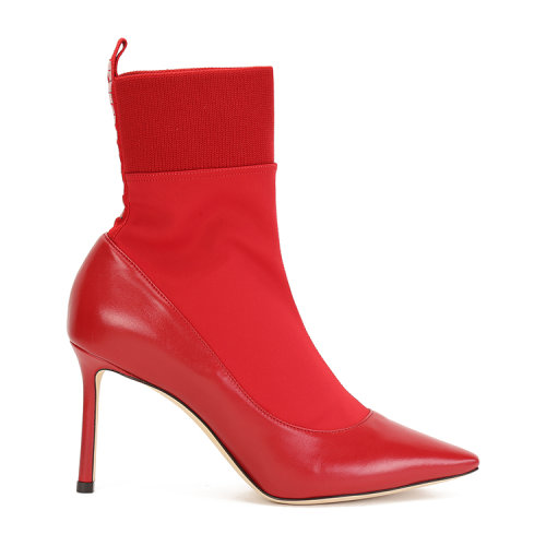 Jimmy Choo/周仰杰 红色皮革拼接弹性织物 细高跟 女士短靴