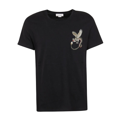 Alexander McQueen/亚历山大麦昆  男装 男士黑色棉质经典时尚飞龙装饰圆领春夏短袖T恤 609582QOX041000
