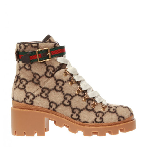 GUCCI/古驰 女士卡其色织物皮革拼接GG印花红绿条绑带系带低跟马丁靴短筒靴女靴  578585-G38H0-9772