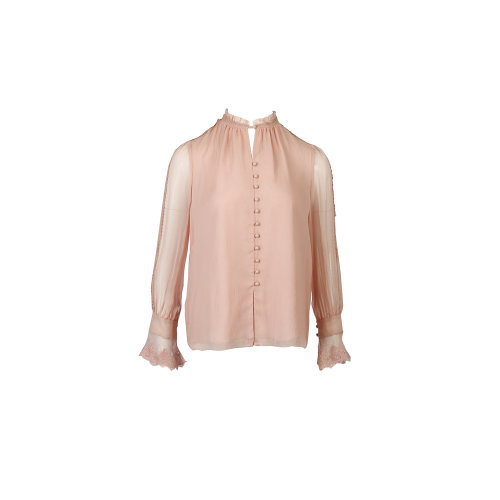 HUI/卉 女士长袖衬衫20春夏新品浅粉色蕾丝袖口真丝衬衫