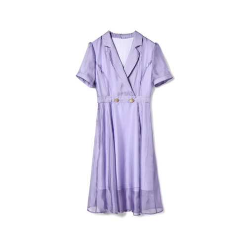 GeleiStory/GeleiStory  春夏新款法式气质轻薄透气纱感西装领短袖收腰中长连衣裙   女装＞女士裙装＞女士连衣裙