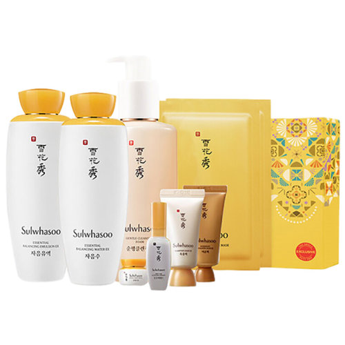 Sulwhasoo/雪花秀 顺行滋盈套盒（水125ml+乳125ml+洗面奶200ml+精华8ml+弹力面霜5ml+雨润面膜30ml+撕拉面膜30ml+精华面膜2片）新疆不发货