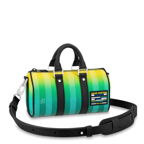 Louis Vuitton/路易威登 经典款KEEPALL XS系列 男士绿色渐变色条纹帆布皮革滚边饰徽标系列贴片银扣单肩斜挎包M59949