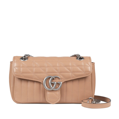 GUCCI/古驰  GG Marmont系列 女士小号玫瑰米色绗缝皮革复古银饰双G翻盖斜挎单肩包??443497UM8AN2754