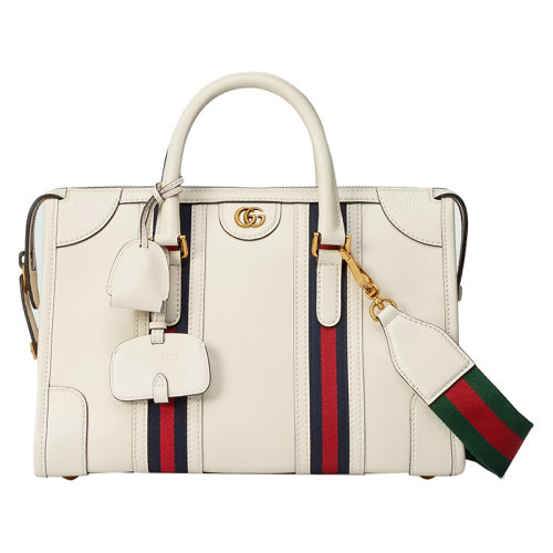 GUCCI/古驰 22新款 Exquisite系列 女士中号白色皮革金扣饰红绿条纹织物金色饰面细节拉链开合单肩手提包715666AAA0O9041