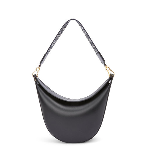 LOEWE/罗意威 22春夏新款LUNA系列 女士黑色牛皮革压纹徽标金扣配可拆卸老花印花织物肩带单肩手提腋下新月hobo流浪包A923PL9X07-1100