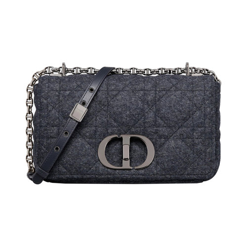 DIOR/迪奥 23新款 CARO系列 女士中号海军蓝毛毡翻盖开合饰有钌饰面金属CD字母纽扣调节拆卸肩带单肩斜挎包M9242BTIN_M928