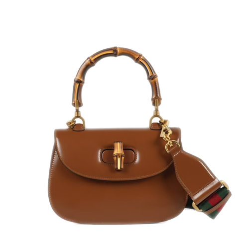 GUCCI/古驰  女士小号棕色皮革竹节配件附皮革和织带互换肩带竹子提手饰面斜跨单肩手提包67579710ODT2579