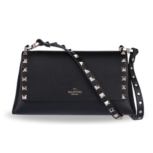 Valentino/华伦天奴  女包女士黑色皮革时尚百搭品牌字母铆钉装饰斜挎包单肩包   UW2P0U13BOL 0NO