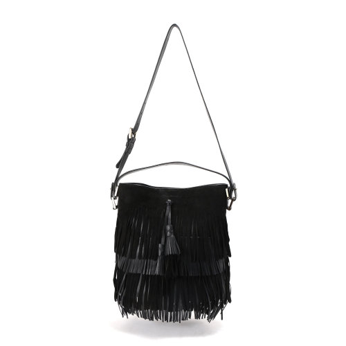 SANTONI(圣东尼) 【寺库限量】SANTONI/圣东尼女士翻毛皮流苏单肩包DFBBA1445FO-H2MBN01 黑色