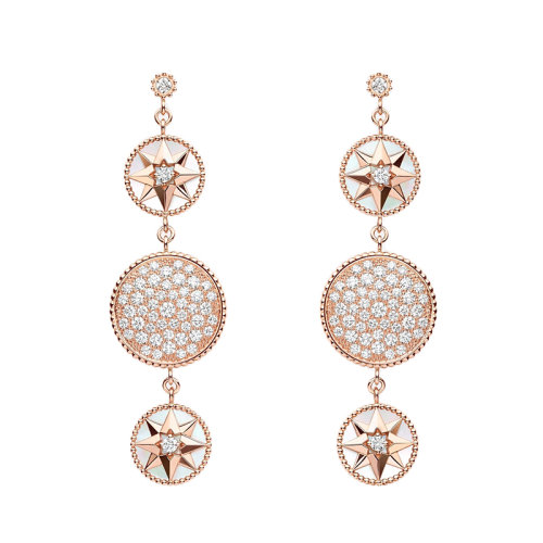 DIOR/迪奥 Rose des vents罗盘系列 18K金玫瑰金镶嵌钻和白色珍珠贝母风玫瑰罗盘耳环 JRDV94025_0000