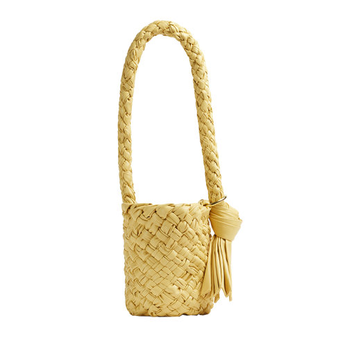 Bottega Veneta/葆蝶家 22新款 女士黄油色小牛皮Intreccio图案褶皱皮革金属环打结滑动肩带黄铜饰面单肩手提包715021V2BJ09326