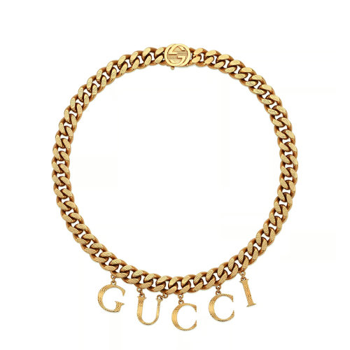 GUCCI/古驰 22新款 男女同款金色金属饰大号徽标字母吊饰双G扣马衔索链式短款项链吊坠675769I46008005