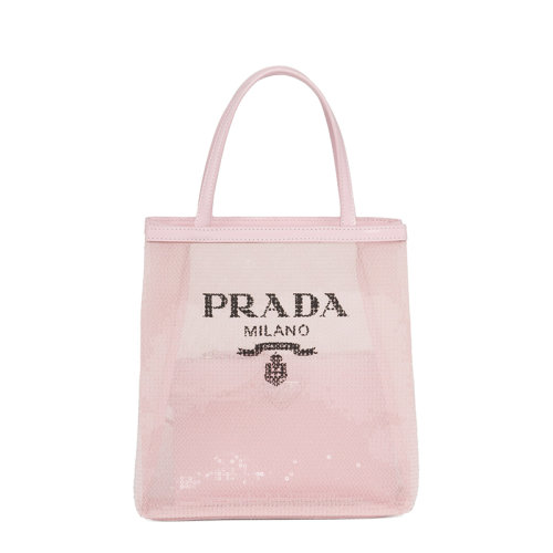 PRADA/普拉达      女士小号雪粉色织物材质皮革提手亮片装饰网眼手提托特包1BG417_2D0A_F0E18_V_OOO