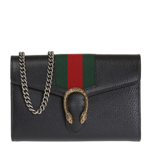 GUCCI/古驰 DIONYSUS系列女士黑色牛皮金属徽标虎头马刺扣红绿织带链条包单肩包斜挎包酒神包女包 481377-CWI1X-1060