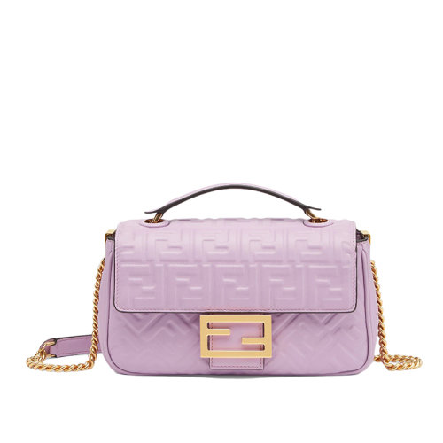 FENDI/芬迪 22新款Baguette系列 女士淡紫色纳帕羊皮革3D纹理FF图案中长链FF搭扣翻盖手袋单肩斜挎法棍包8BR793AH9CF1HO5