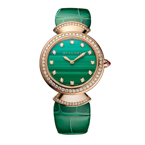 BVLGARI/宝格丽 DIVAS'DREAM系列镶钻款 18K金玫瑰金表壳孔雀石表盘绿色鳄鱼皮表带 30毫米