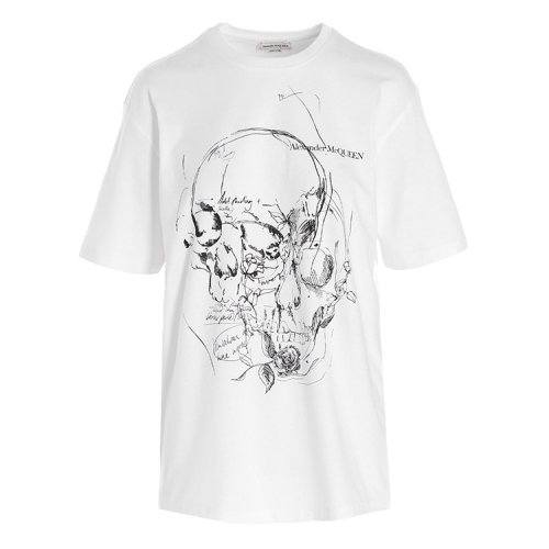 Alexander McQueen/亚历山大麦昆 女装 骷髅头图案 女士白色棉质时尚圆领春夏短袖T恤 651917QZACN0900