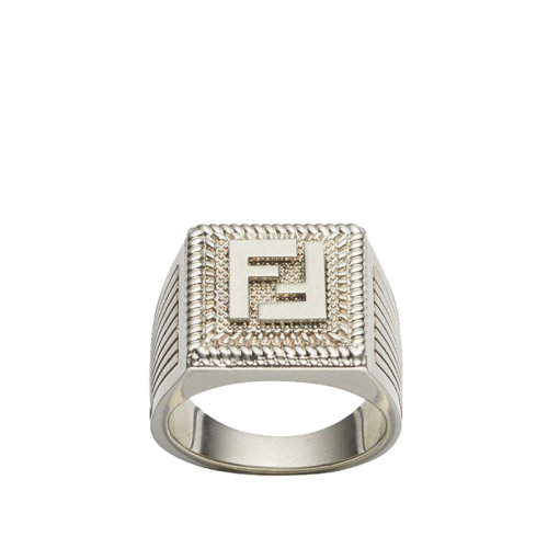 FENDI/芬迪  FF GUILLOCHéE系列 钯色金属FF图案扭索饰纹雕刻戒指7AJ535B08F1987