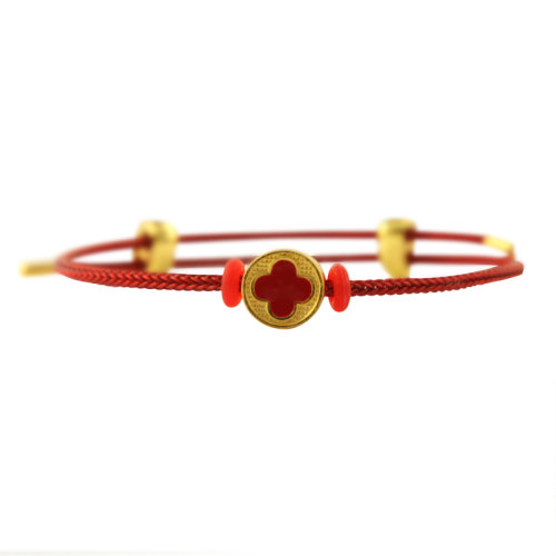 GJY/古金玥 四叶草 3D硬金 珐琅烤漆999足金钢丝绳祈福黄金转运珠