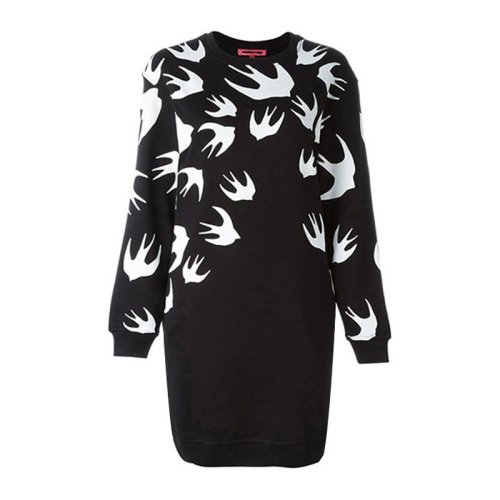 Alexander McQueen/亚历山大麦昆  黑色棉质燕子图案印花长袖女士连衣裙