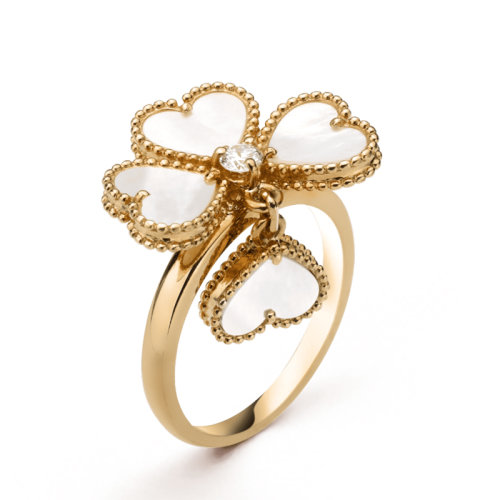 Van Cleef & Arpels/梵克雅宝 18K金黄金镶白贝母桃心四叶草吊坠戒指 VCARN5P300