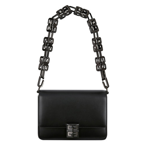 Givenchy/纪梵希 22新款 女士中号黑色小牛皮翻盖金属磁扣开合拆卸方型链式肩带黑色饰面金属压花字母标志单肩斜挎包BB50LYB1H4-001