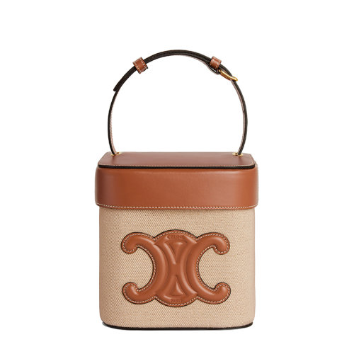 CELINE/赛琳 22新款TRIOMPHE系列 女士中号自然色/棕褐色织物配皮饰凯旋徽标盖子扣合单肩手提包199252EFL.02NT