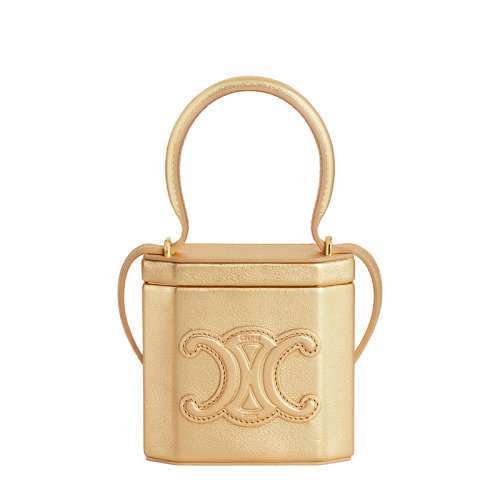 CELINE/赛琳 22新款TRIOMPH系列 女色金色层压牛皮革饰徽标图案铰链翻盖开合单肩手提盒子包199603DVB.35OR