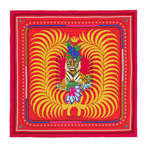 HERMES/爱马仕 女士拼色真丝花饰王者之虎印花手工卷边斜纹方巾丝巾头巾围巾 H983503S 多色可选
