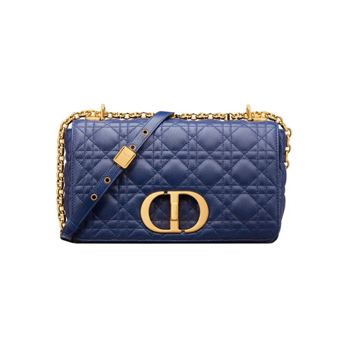 DIOR/迪奥 23新款 CARO系列 女士宝蓝色小牛皮CD字母纽扣翻盖封口金色调节拆卸链条手拿单肩斜挎包M9242UWHC_M14Z
