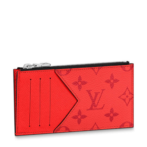 Louis Vuitton/路易威登 22春夏新款 男士红色老花帆布配皮银扣拉链开合卡夹钱包M30829