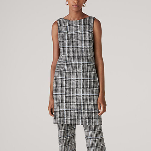 St.John/盛蔷黑白格子呢无袖中长款女士连衣裙K1110C1