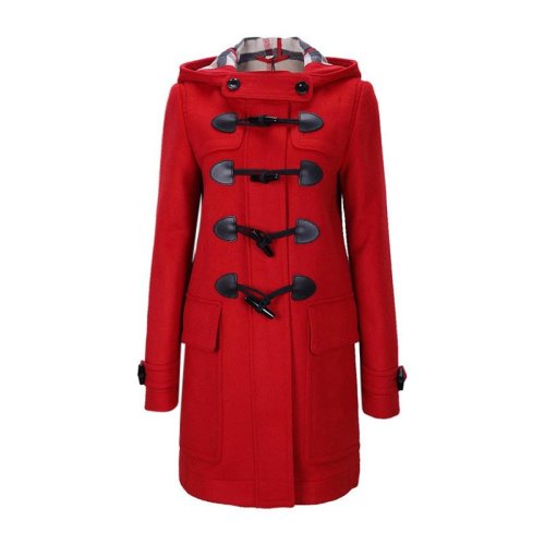 BURBERRY/博柏利 女士红色羊毛连帽系扣中长款毛呢大衣