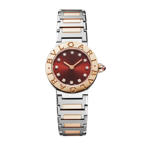 BVLGARI/宝格丽 Bvlgari系列镶钻款18K金玫瑰金和精钢表壳表链雕刻双徽标的18K金玫瑰金表圈太阳缎棕色漆面表盘 23毫米
