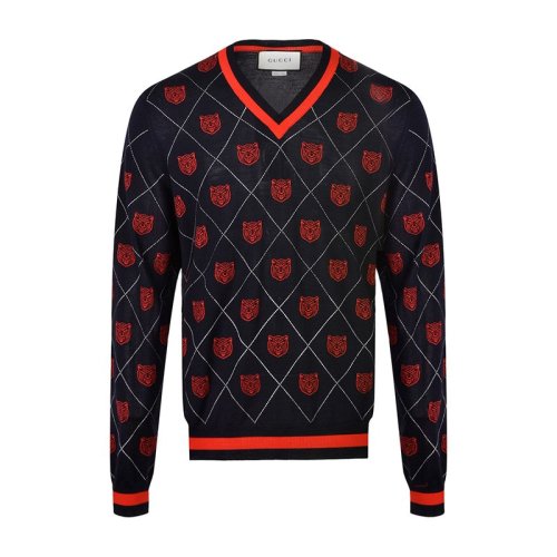 GUCCI/古驰 男装 服饰 海军蓝色羊毛红色虎头刺绣菱格纹V领 男士针织衣毛衣