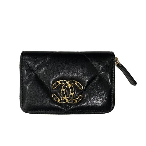 CHANEL/香奈儿 经典款19系列 女士黑色小牛皮菱格纹CC金扣拉链卡包钱包AP445112574116