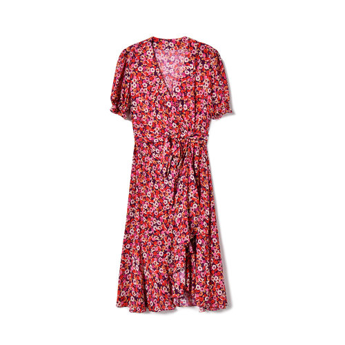 GeleiStory/GeleiStory 春夏新款荷叶边DV轻熟修身显瘦人丝碎花连衣裙裹身系带茶歇裙  女装＞女士裙装＞女士连衣裙