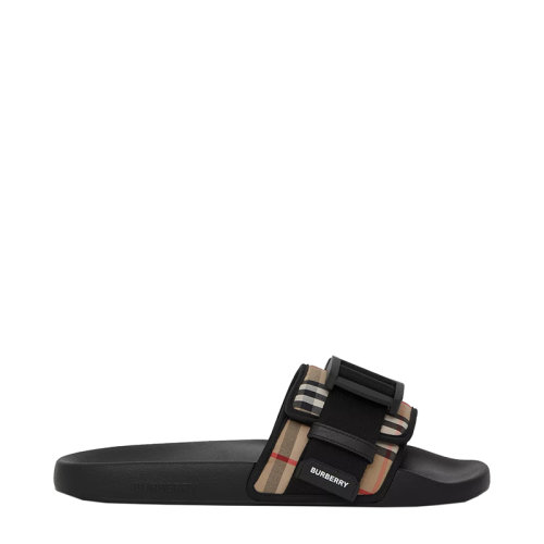 BURBERRY/博柏利 22年秋冬新款 男士米色棉混纺格纹徽标搭扣束带徽标印花拖鞋80569171