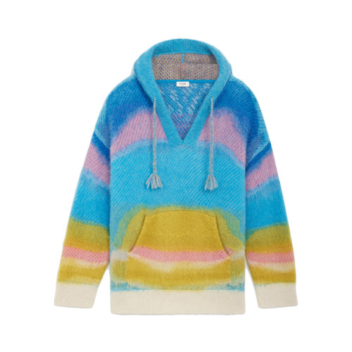 CELINE/赛琳 22年秋冬新款 MARCELO LAVIN联名系列 男士蓝色/黄色马海毛混纺拉绒BAJA提花连帽卫衣2A20W501Q.07BY