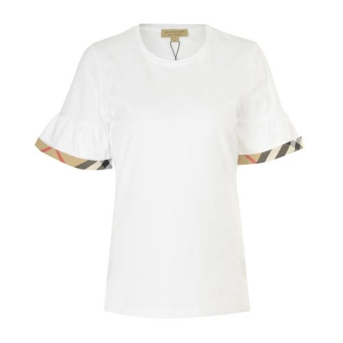 BURBERRY/博柏利 20春夏 女装 服饰  白色经典条纹袖口棉质混纺圆领女士短袖T恤格纹饰边