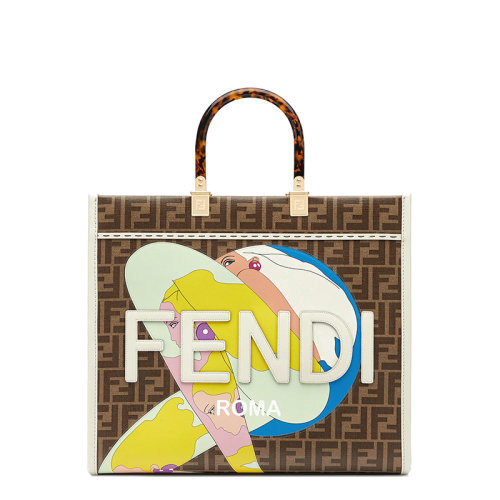 FENDI/芬迪 22春夏新款Sunshine系列 女士中号棕色双F老花小牛皮白色滚边比基尼女郎提手肩带徽标手提单肩包8BH386AJHJF1F1HB5