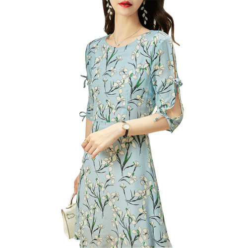 GeleiStory/GeleiStory 2021夏季新款显瘦薄款碎花中长桑蚕丝连衣裙 女士连衣裙