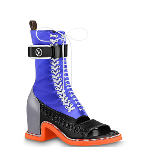 Louis Vuitton/路易威登 22年春夏新款 MOONLIGHT系列 女士蓝色丝缎粗跟露趾半筒靴中筒靴1AA0MX