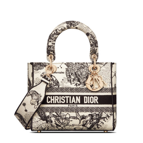 DIOR/迪奥 22春夏新款LADY D-LITE系列 女士中号奶白色织物星座茹伊印花刺绣金扣单肩斜跨手提戴妃包M0565ORHZ_M941
