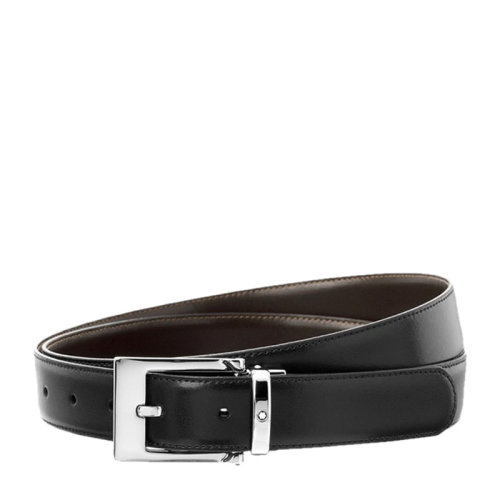 Mont Blanc/万宝龙 男士黑棕拼色皮革休闲系列矩形闪亮波浪镀钯针式腰带皮带 128140