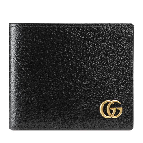 GUCCI/古驰 经典款 男士黑色GG Marmont皮革经典金色双G细节对折短款钱包428726DJ20T1000