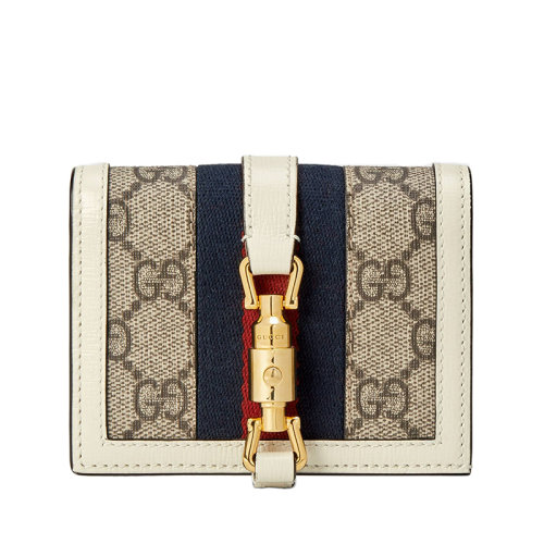 GUCCI/古驰 22春夏新款Jackie 1961系列 女士老花帆布配皮革红蓝色织带金扣卡夹钱包645536HUHHG9794