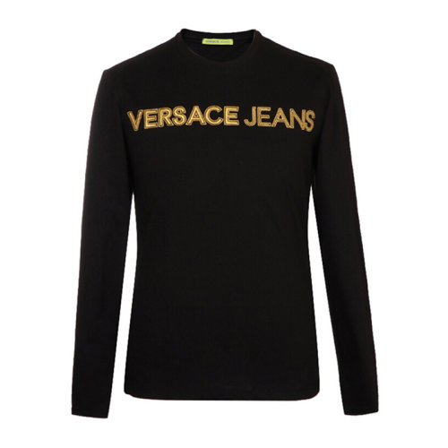 VERSACE JEANS/范思哲牛仔 男士黑色棉质经典字母徽标印花装饰圆领长袖上衣T恤运动衫套头衫 B3GSA76E-30134-Y6A